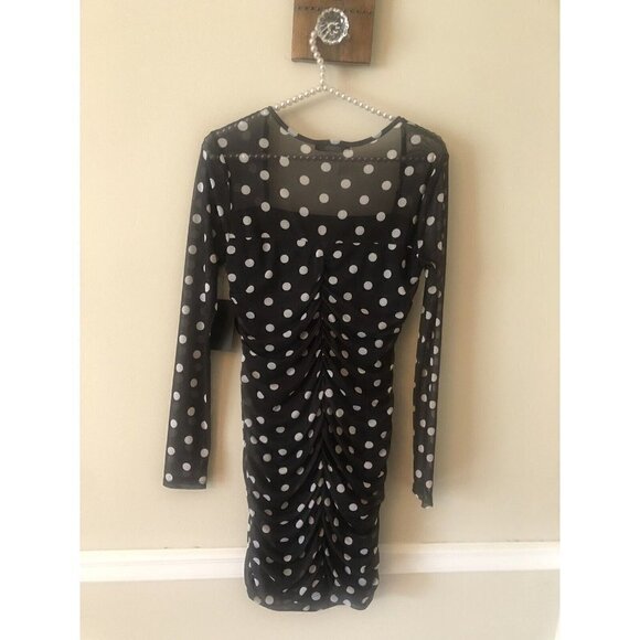 NWT Caution to the Wind Size M Black White Polka Dot Mesh Ruched Dress Bodycon - Picture 3 of 7